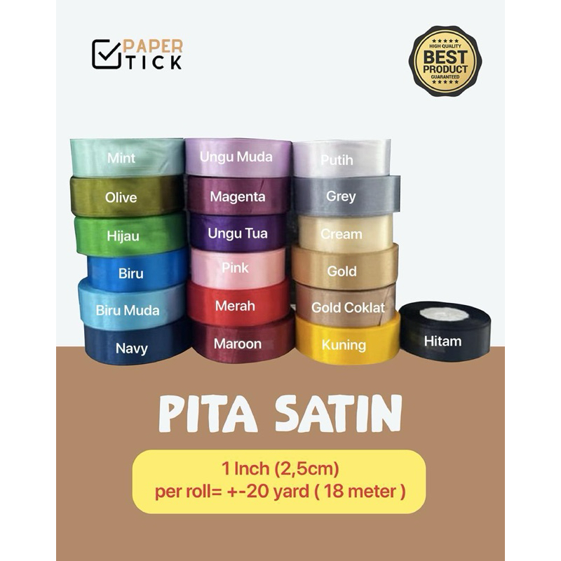 

Pita Satin 1 Inch (2.5cm) Harga Per Roll 20yard ( 18 Meter) Pita Kado Hampers Gift