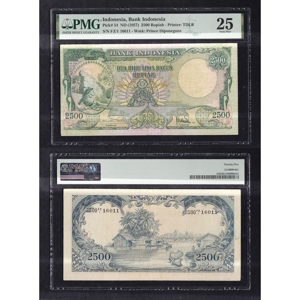 Uang kuno PMG 25 - 2500 rupiah tahun 1957 seri Hewan (komodo) S/N FZ 16011