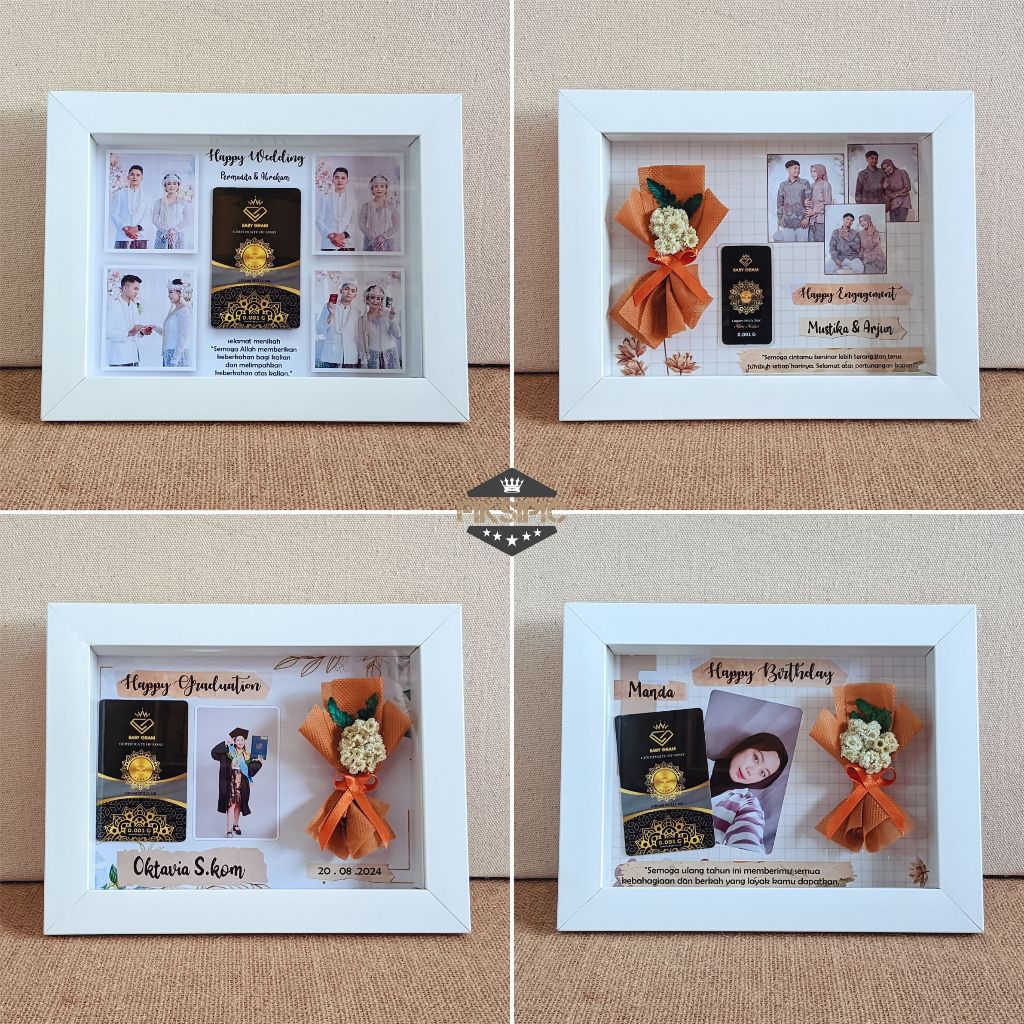 dried flower in frame bingkai 3d + buket bunga + baby gold + lampu led kado ultah wedding | Fiksipic
