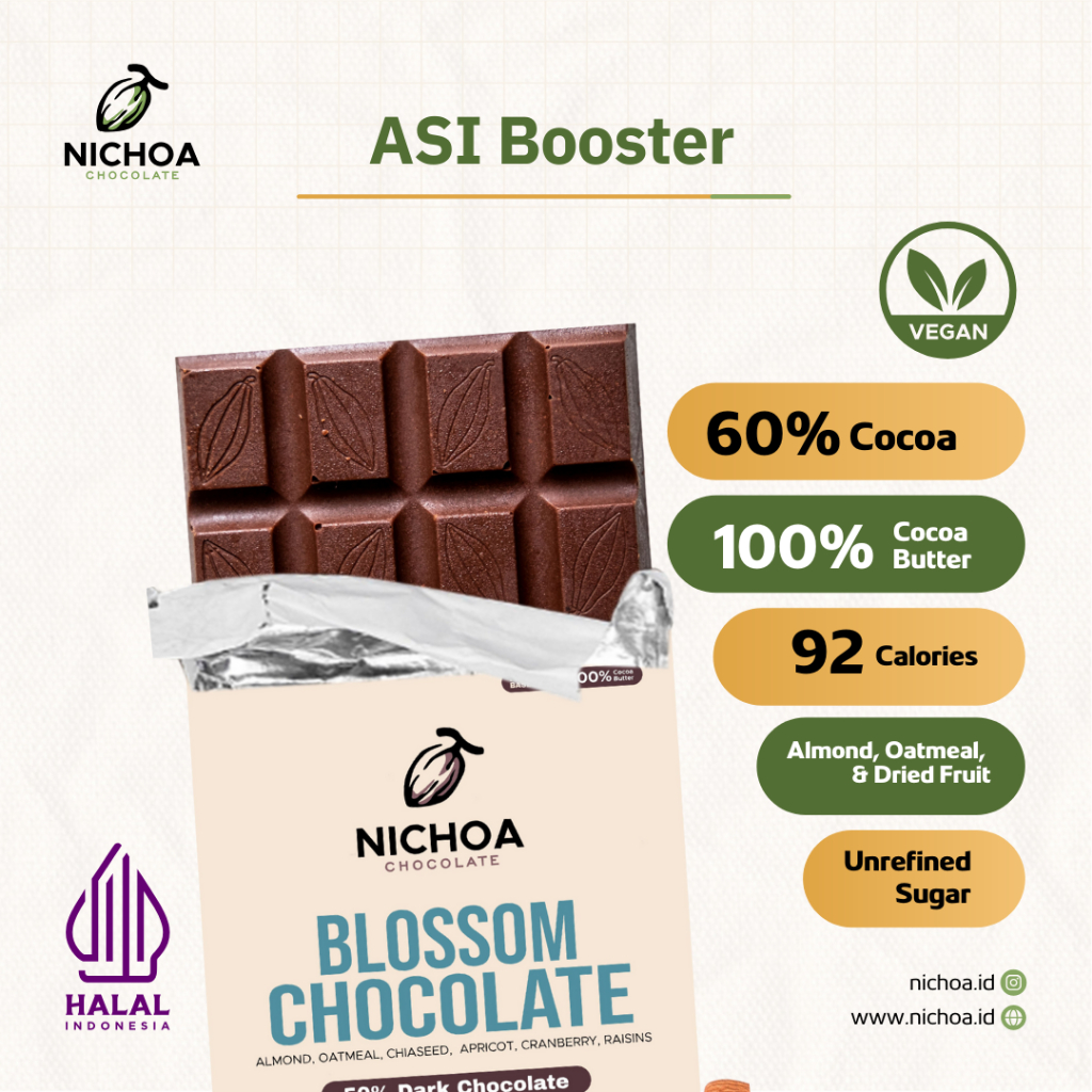 

Nichoa Dark Coklat - Blossom Chocolate 50% Dark Chocolate (Asi Booster) - Plantbased