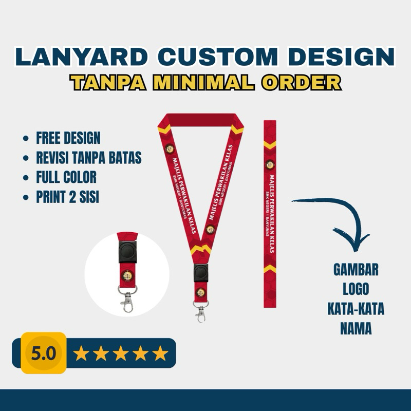 

LANYARD CUSTOM BISA SATUAN BEBAS CUSTOM DESAIN PRINTING 2 SISI