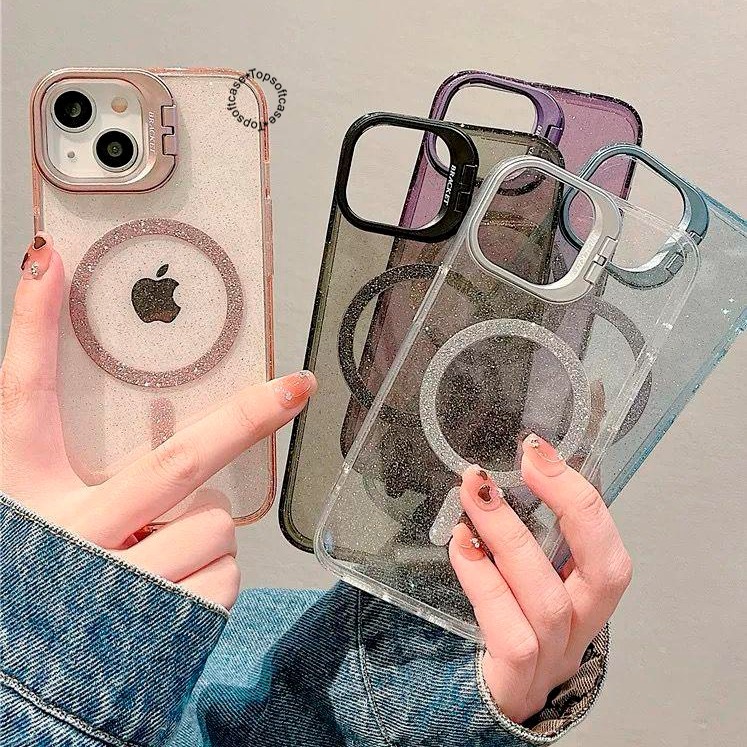 MN537 New Glitter Magnetic Lens Stand Holder Case - Hardcase /Casing HP Compatible for iPhone 11 12 