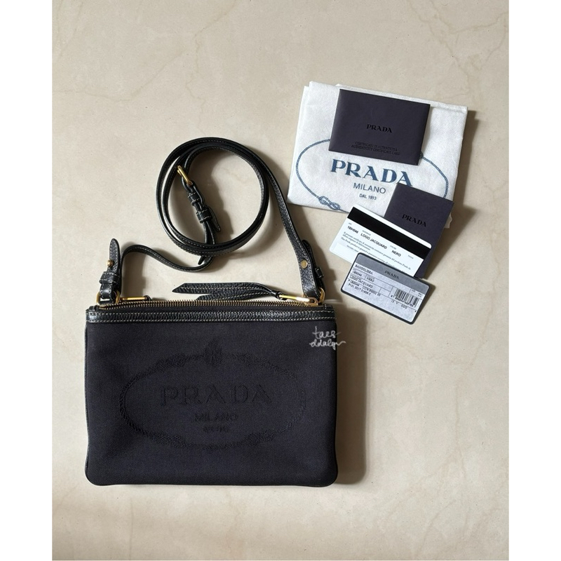 100% Authentic Prada Jacquard Logo Crossbody Bag Black Nero Sling Cross Body Tas Hitam Wanita Tali P