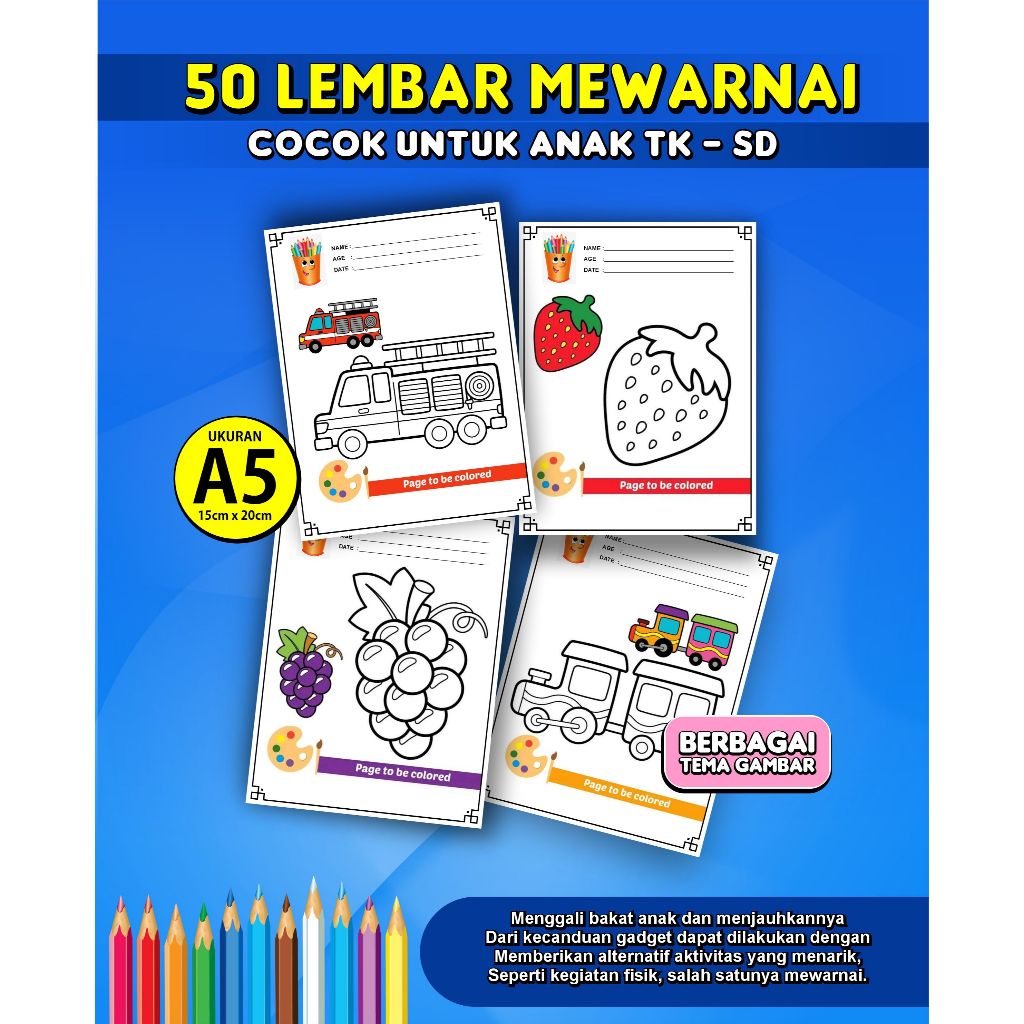 

50 Lembar Mewarnai ukuran A5 Cocok untuk anak TK/SD/Kertas gambar