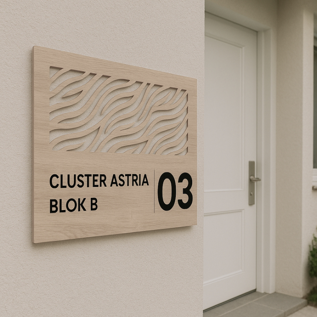Nomor Rumah Akrilik 2mm Tahan Air Motif Kayu Estetik Minimalis – Custom Alamat RT RW Blok No Rumah |