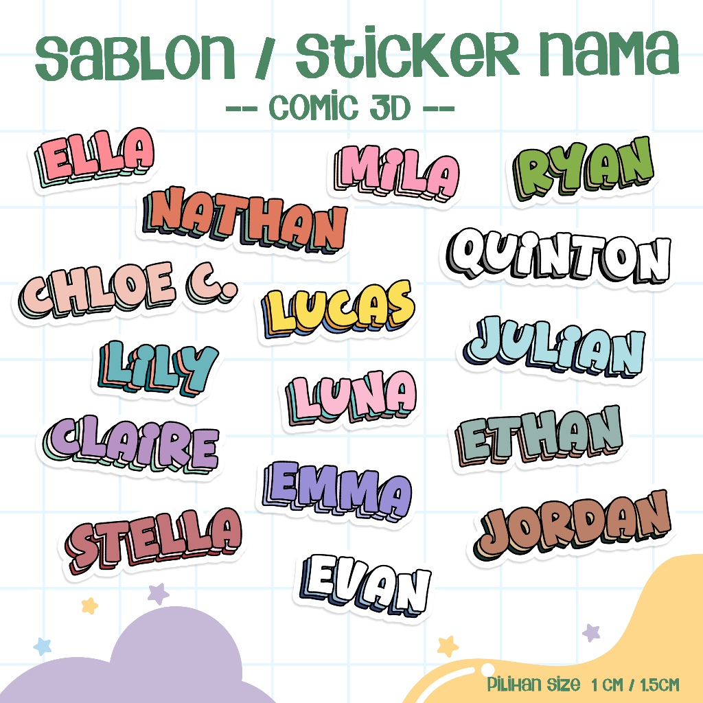

Comic 3D Label Nama Custom – Sticker Vinyl Waterproof / Sablon Baju | Custom Nama Anak | Handwriting Design