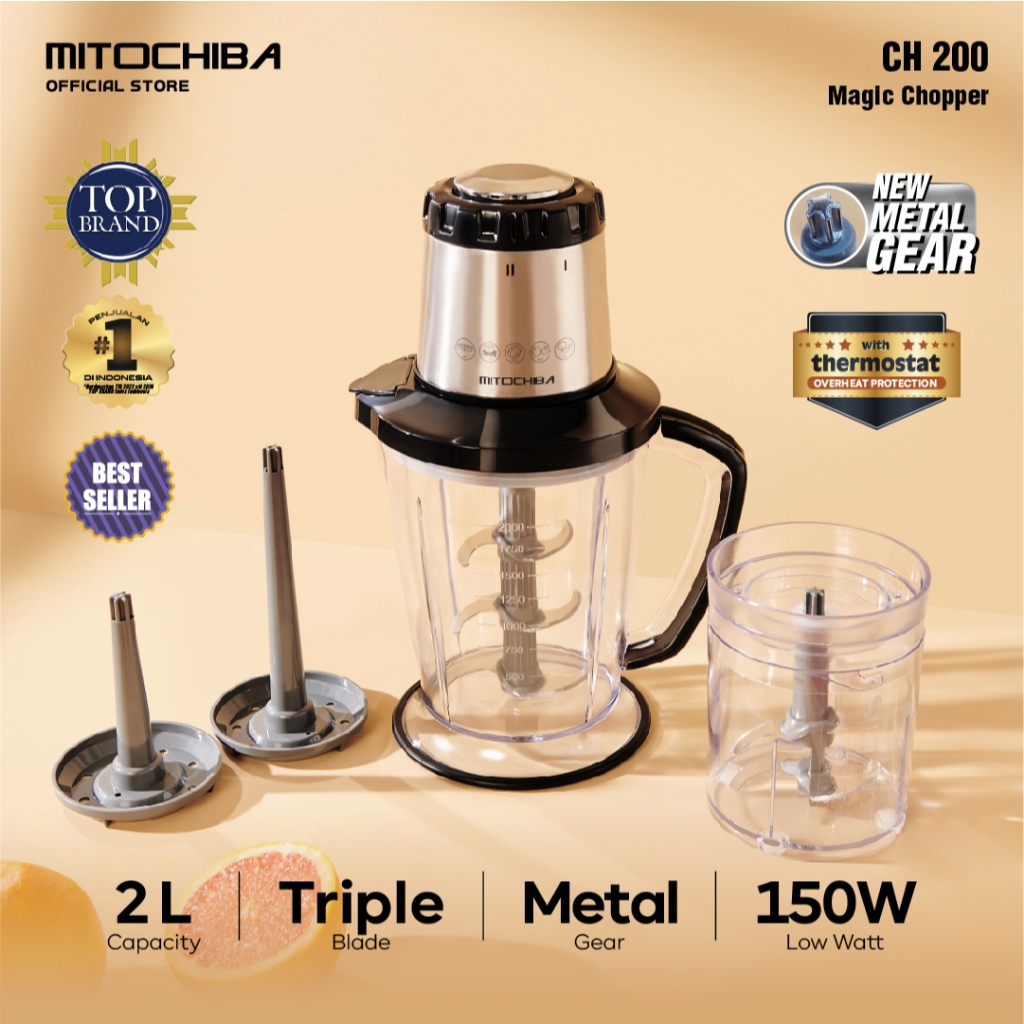 Mitochiba CH200 Food Chopper - Perak, 2 Liter & 700 ml, Stainless Steel, Indonesia