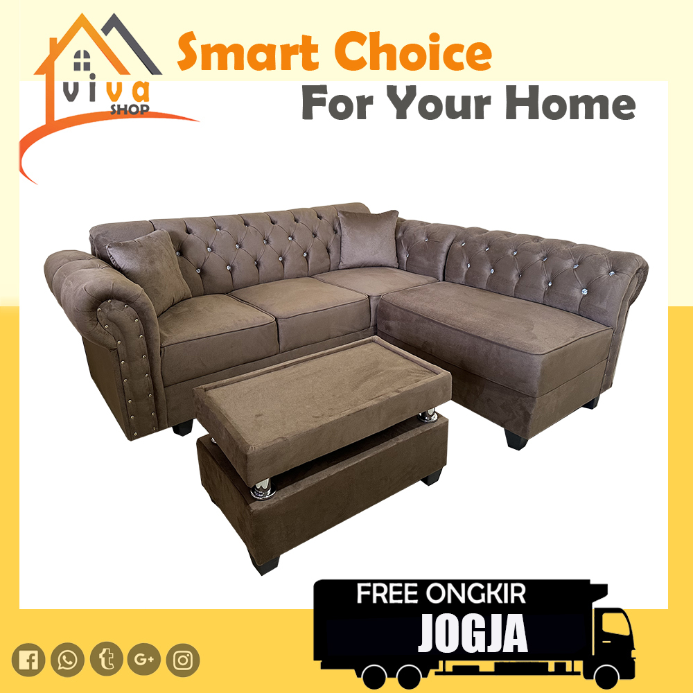 PROMO  Sofa L Minimalis Bludru Coklat