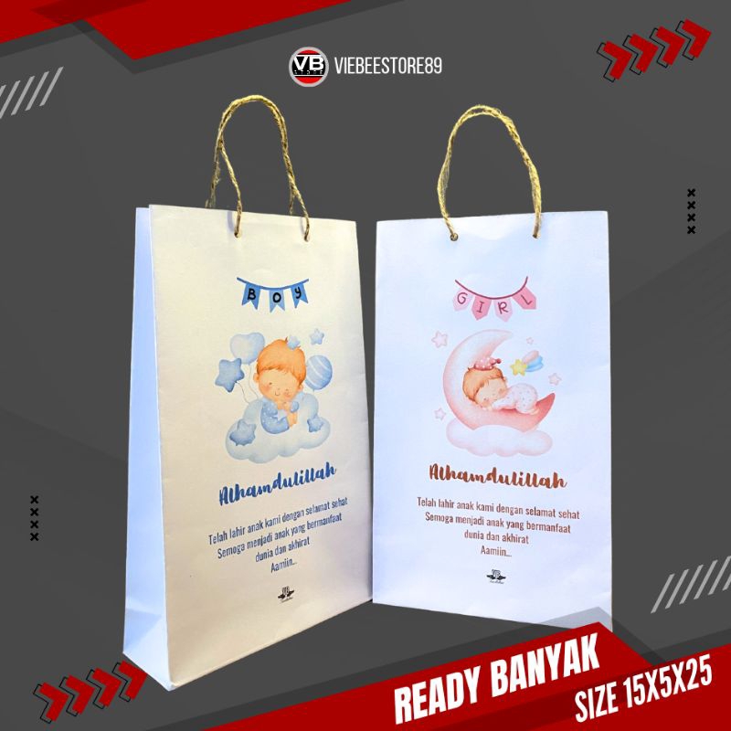 

PAPER BAG SOUVENIR KELAHIRAN TAS TASYAKURAN BABY BRON TERMURAH READY STOK SIAP KIRIM -+15x5x25