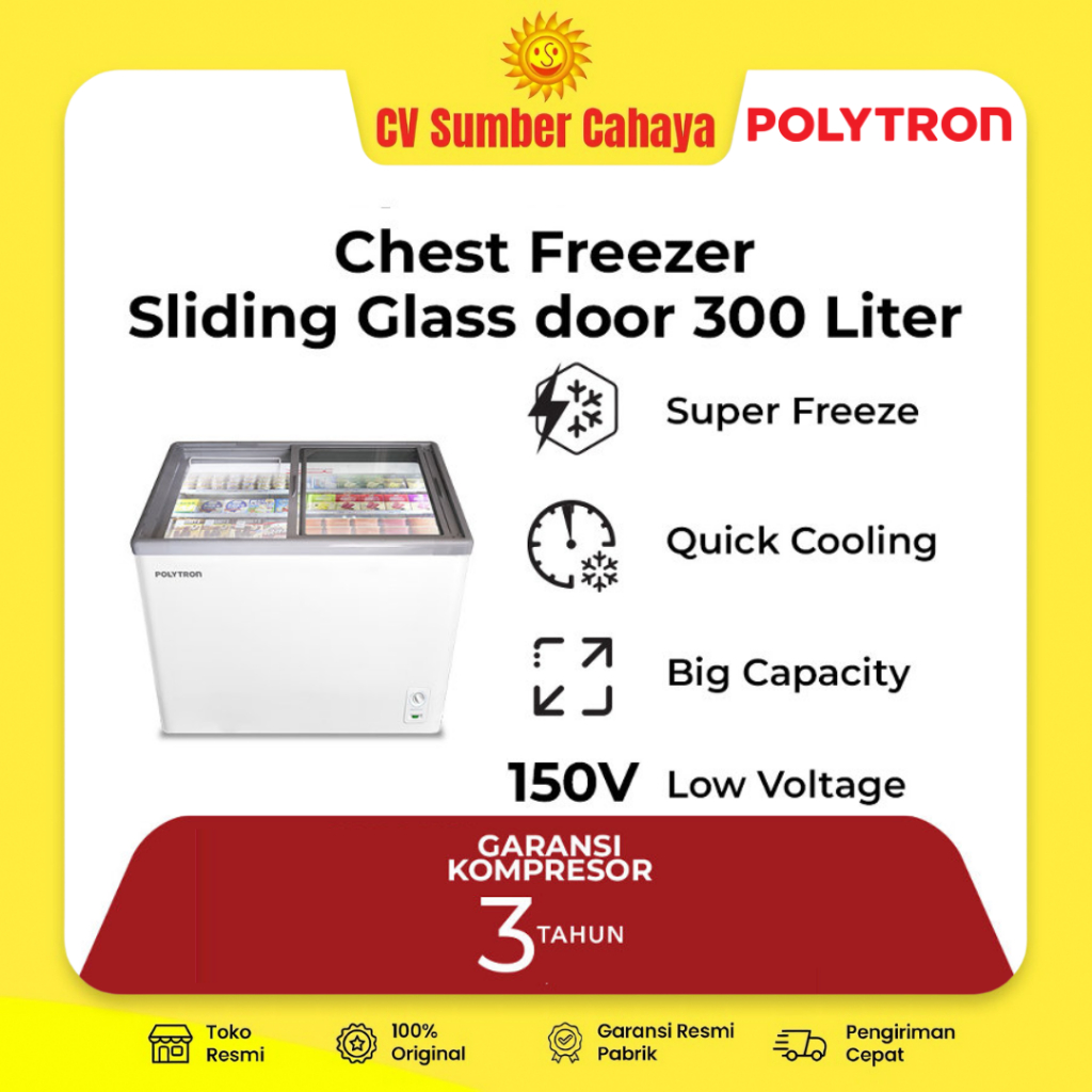 POLYTRON Chest Freezer Sliding Glass 300 liter PCF 329 Box Pendingin 300L