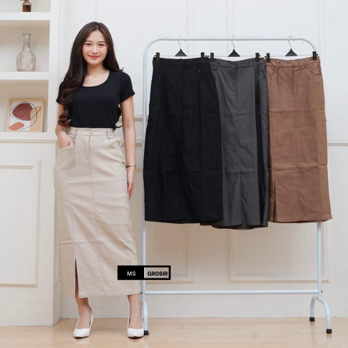 Rok Kerja Wanita Panjang Rok Span Bahan Katun Twill
