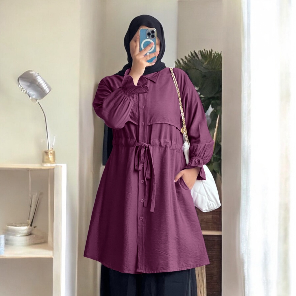 AMIECLO Aziza Tunik Kemeja Linen Polos Blouse Wanita Belt Serut Depan Kancing Aktif Saku Samping