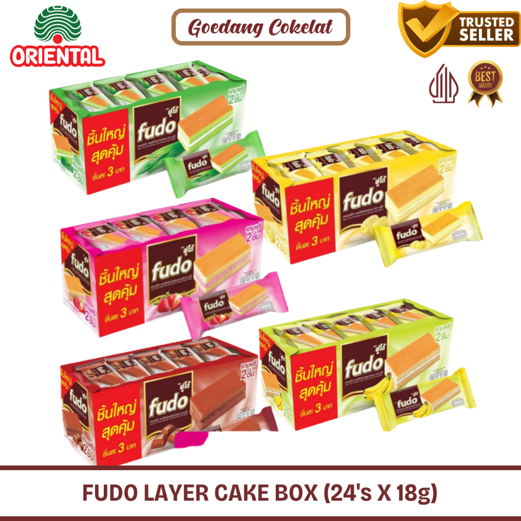 

FUDO LAYER CAKE With Cream Flavour Pandan Coklat Chocolate Strawberry Butter 1 Box isi 26pcs / 416gr atau 24pcs / 336gr