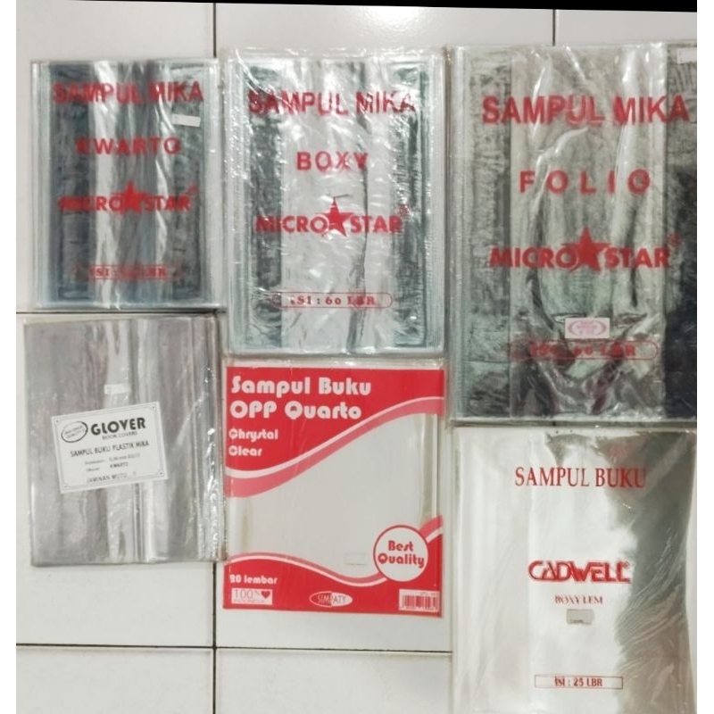 

Sampul Plastik Mika Merek Micro*Star isi 60 Lembar per pack - Glover Kwarto 50 Lbr perpack - GADWELL Boxy lem 25 Lbr perpack - Chrystal clear OPP Quarto 20 lbr perpack - MS Kwarto Warna 20 lbr perpack - Batik Boxy Opp Lem. 10 lbr pack.