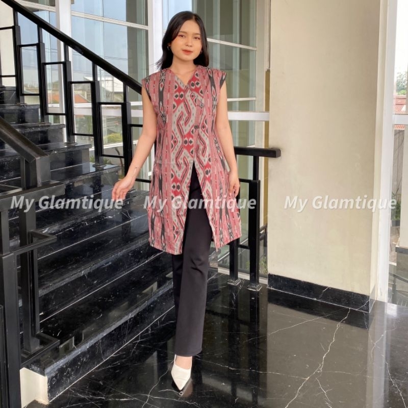 Long Cardi Batik Atasan Wanita Modern Outer Panjang Tanpa Lengan