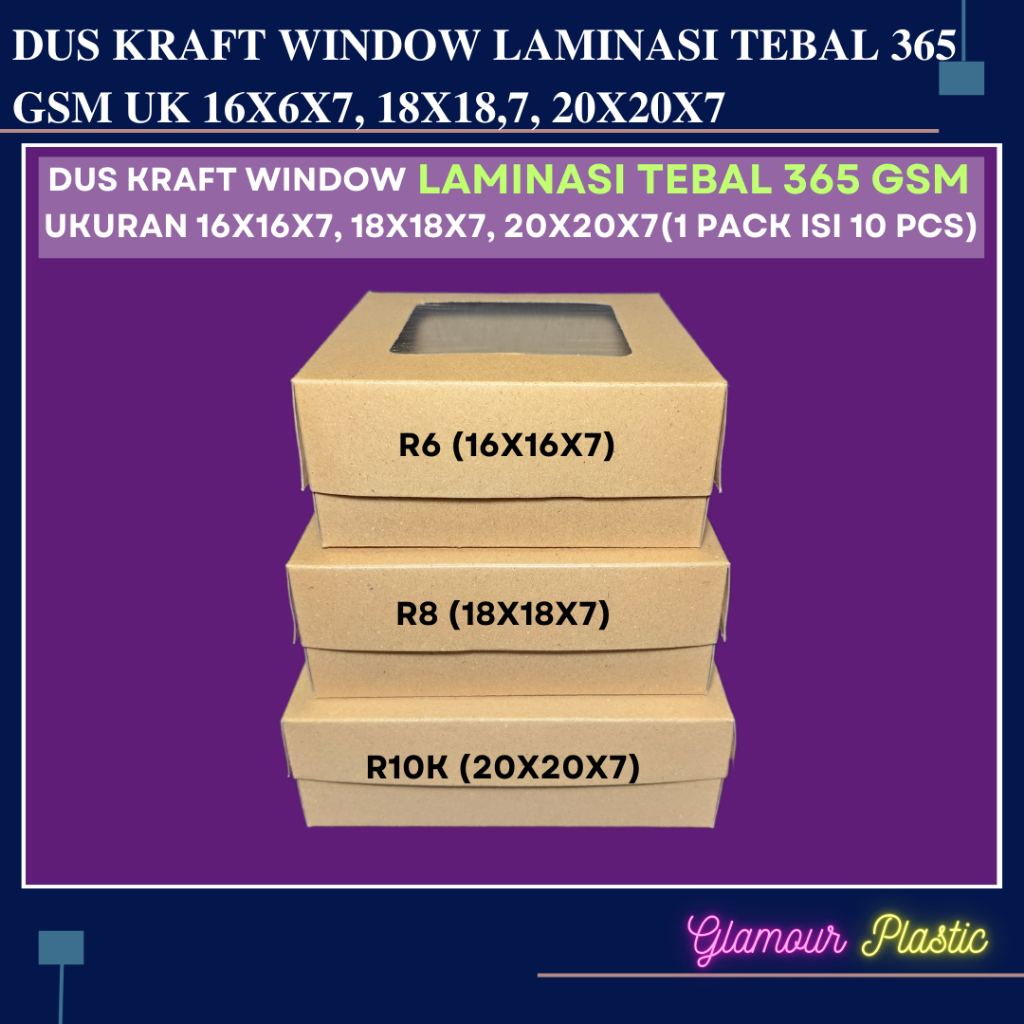 

Dus Kotak Nasi Window Laminasi TEBAL 365 GSM Ukuran 16x16x7, 18x18x7, 20x20x7 cm (1 pack isi 10 pcs)/box hampers/kotak nasi/e flute/dus hampers