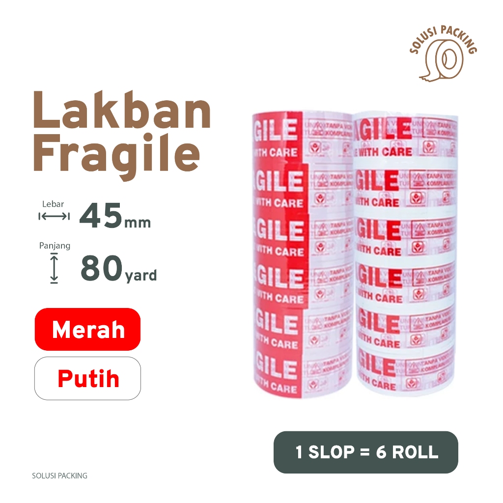 

Lakban Ksatria FRAGILE OPP Tape Isolasi UNBOXING 1 Slop 6 Roll 45mm 80 Yard 48mic | SOLUSI PACKING