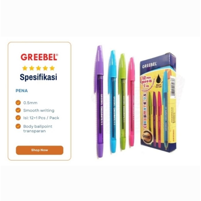 

Pulpen Ballpoint Pena Greebel Classmate 0.5mm Hitam Isi 12+1 Pcs/Kotak