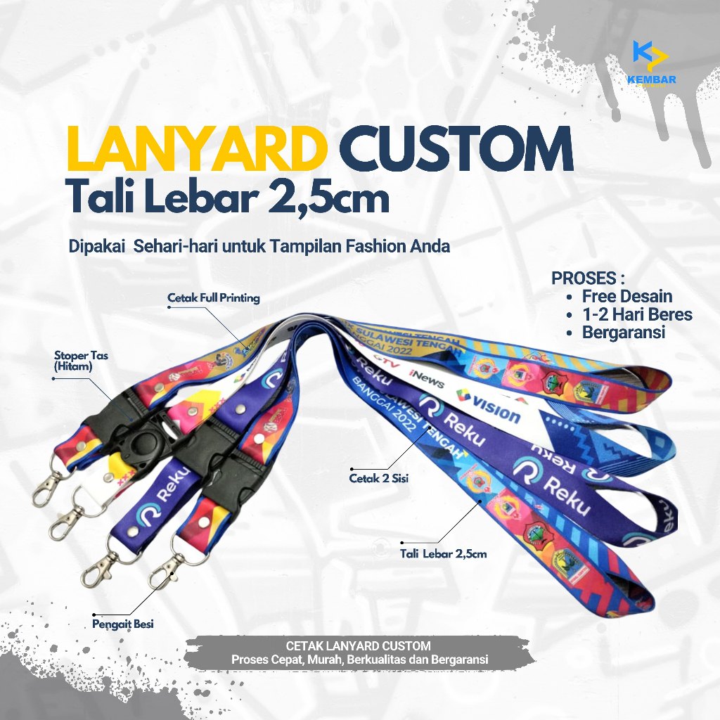 

Lanyard Printing Custom Tali 2,5cm | Sudah Termasuk Cetak 2 sisi.