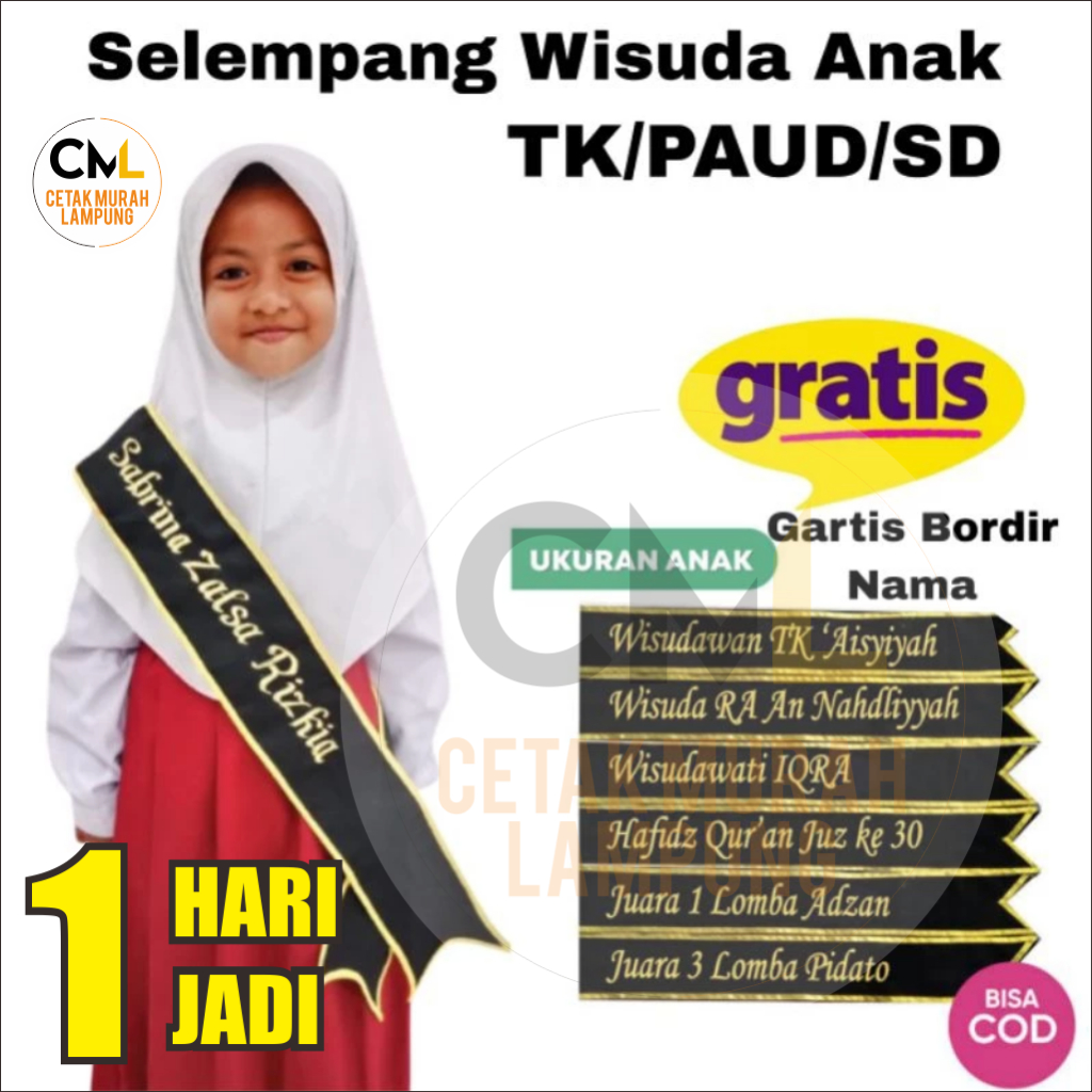 SELEMPANG WISUDA ANAK PAUD TK SD SMP SMA SELEMPANG ANAK  BORDIR NAMA