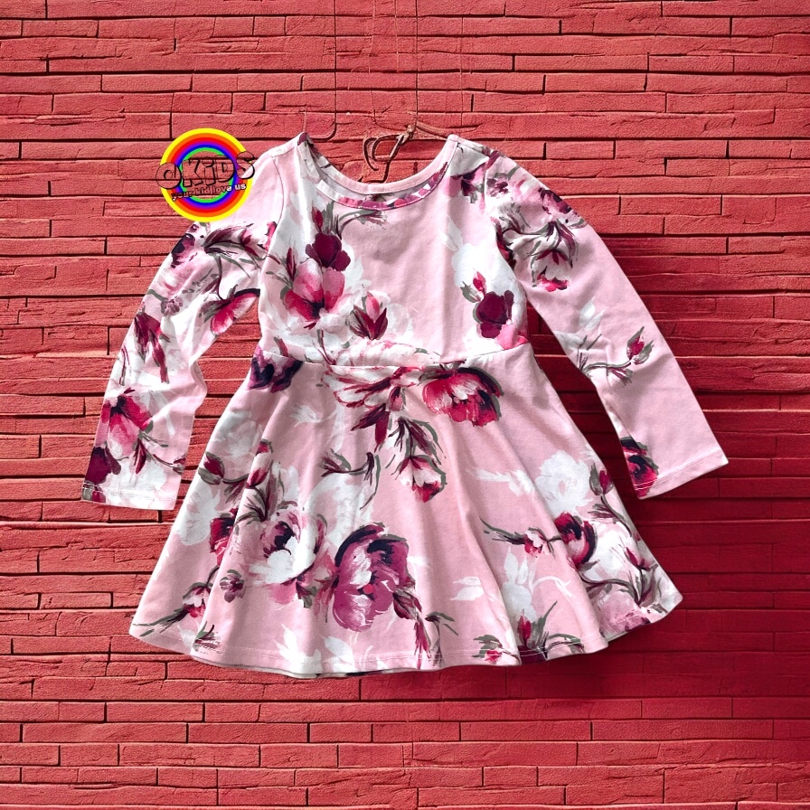Dress Anak Bayi Pink Flo 12 - 18 Bulan Tangan Panjang Longsleeve - Baju Sisa Eksport Branded Perempu