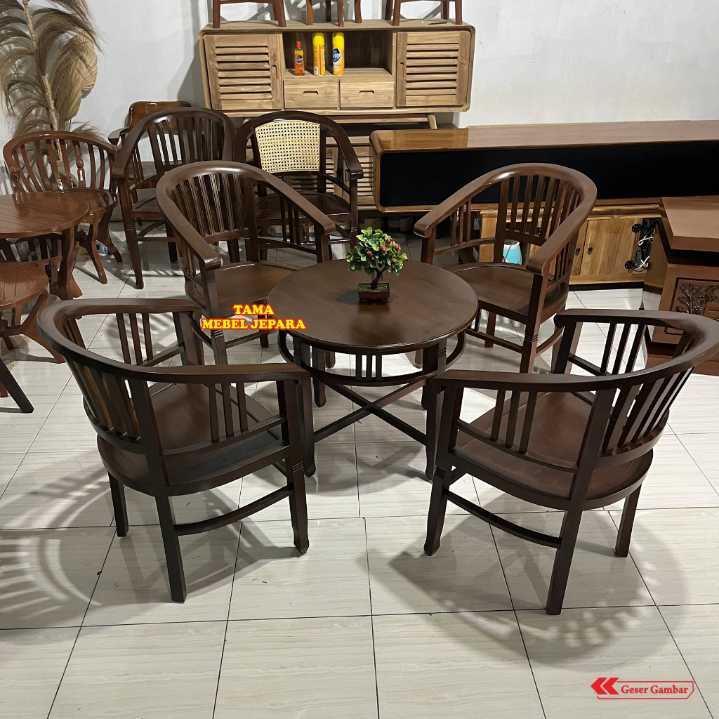 SET KURSI TAMU BETAWI KAYU JATI Solid - Kursi Tamu Klasik Vintage 4 Kursi + 1 Meja Bulat Antik