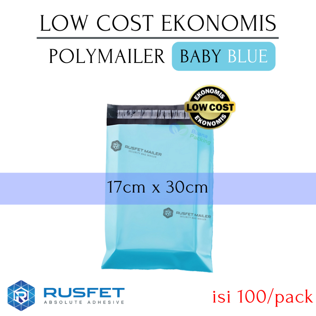 

RUSFET LOW COST POLYMAILER BABY BLUE - PLASTIK PACKING OLSHOP POLIMAILER SUPER EKONOMIS 17x30