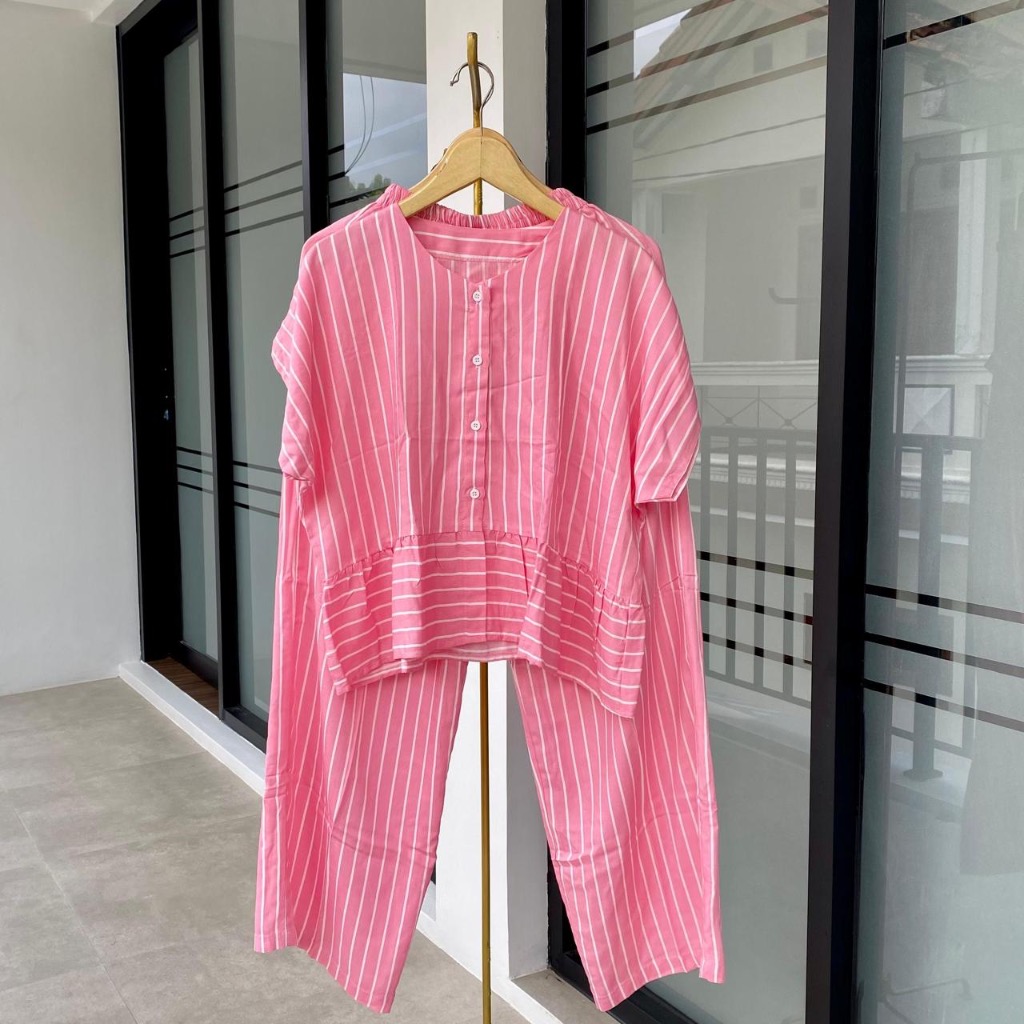 Amina One set setelan Wanita Celana Panjang Tangan Pendek Busui Kancing Rayon Premium  Motif Piyama