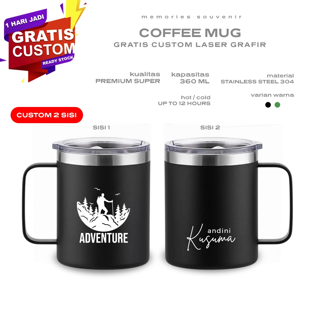 Gelas kopi 360 ml stainlees steel GRATIS CUSTOM  2 sisi LOGO/NAMA/mug coffee custom nama/ cangkir ko
