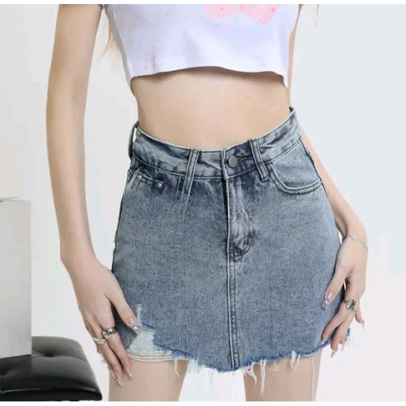 Rok Jeans Pendek Rawis Korea Denim Wanita Kekinian/Rok Mini A-Line