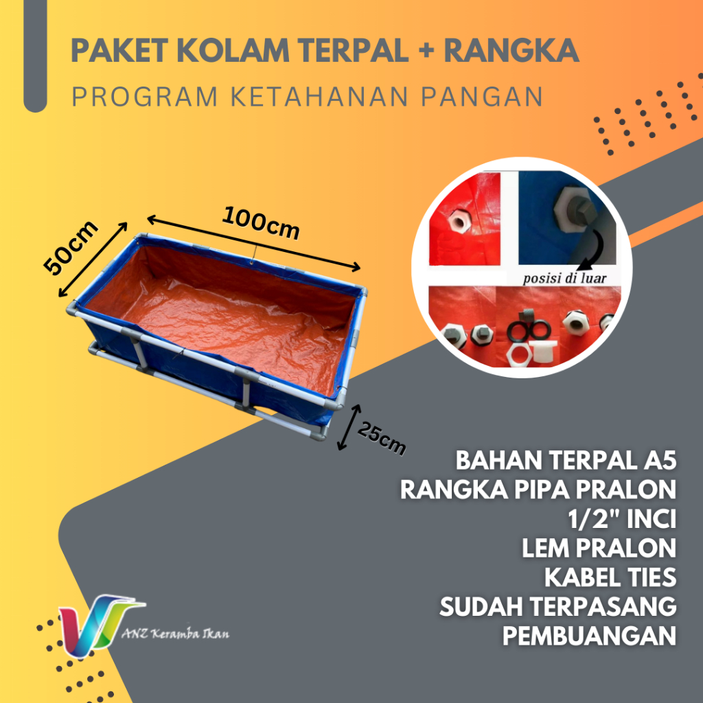 Paket Kolam Terpal Fullset + Rangka siap pakai ukuran 100x50x25