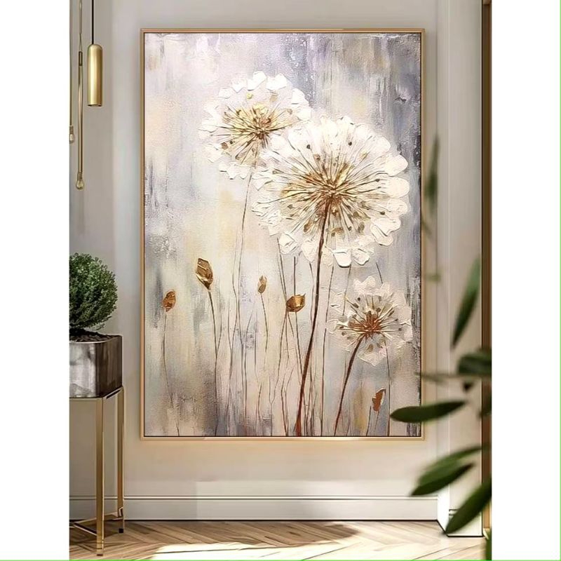 hiasan dinding lukisan bunga dandelion aesthetic tekstur timbul modern art