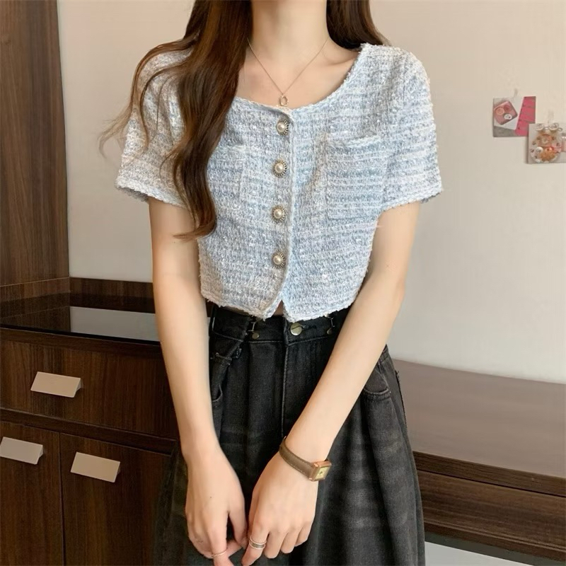 Korean Tweed Top - Outer - Top Korea - Blue Tweed Top