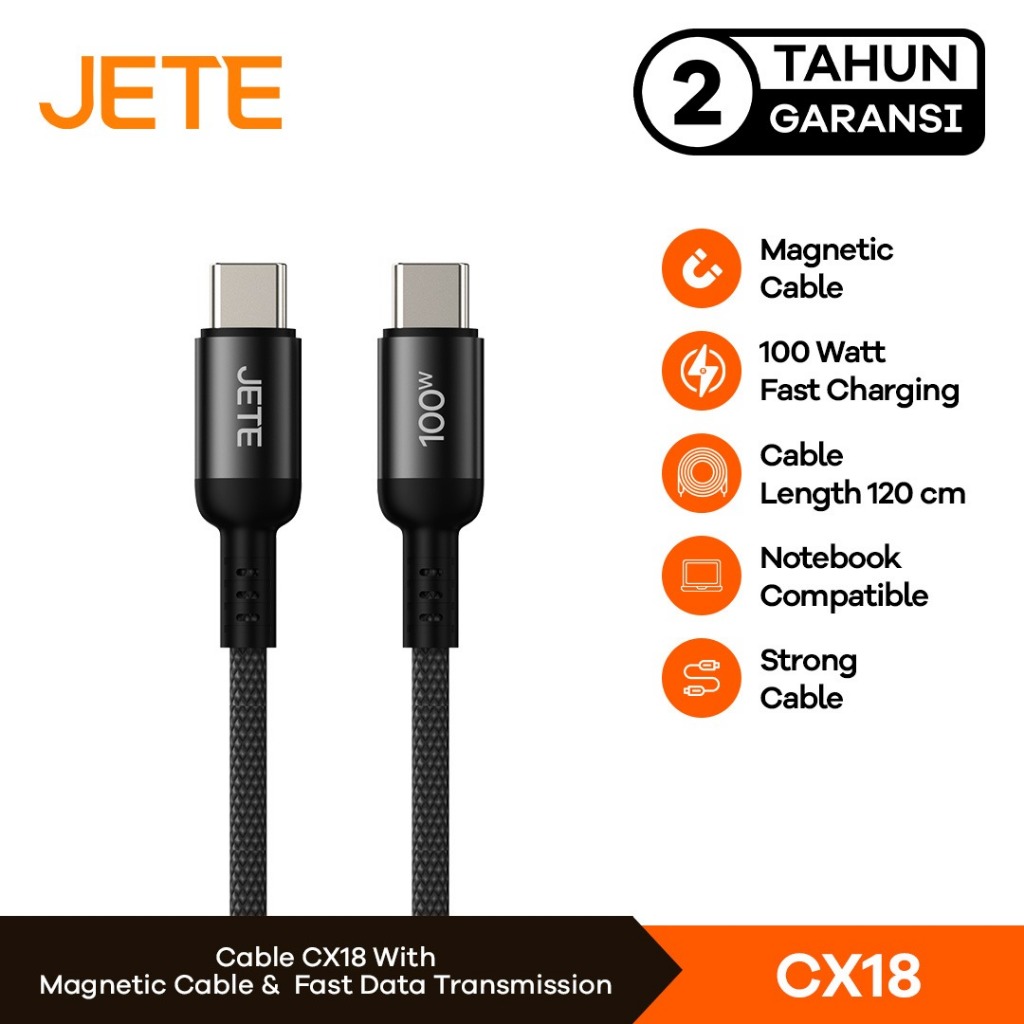 Kabel Data 100W Magnetic JETE CX18 Type C to Type C Self Winding Super Fast Charging - Garansi 2th