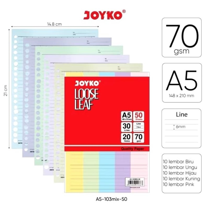 

Kertas Isi File Binder Warna JOYKO A5 / Loose Leaf A5-103 Mix Color / 50 lembar