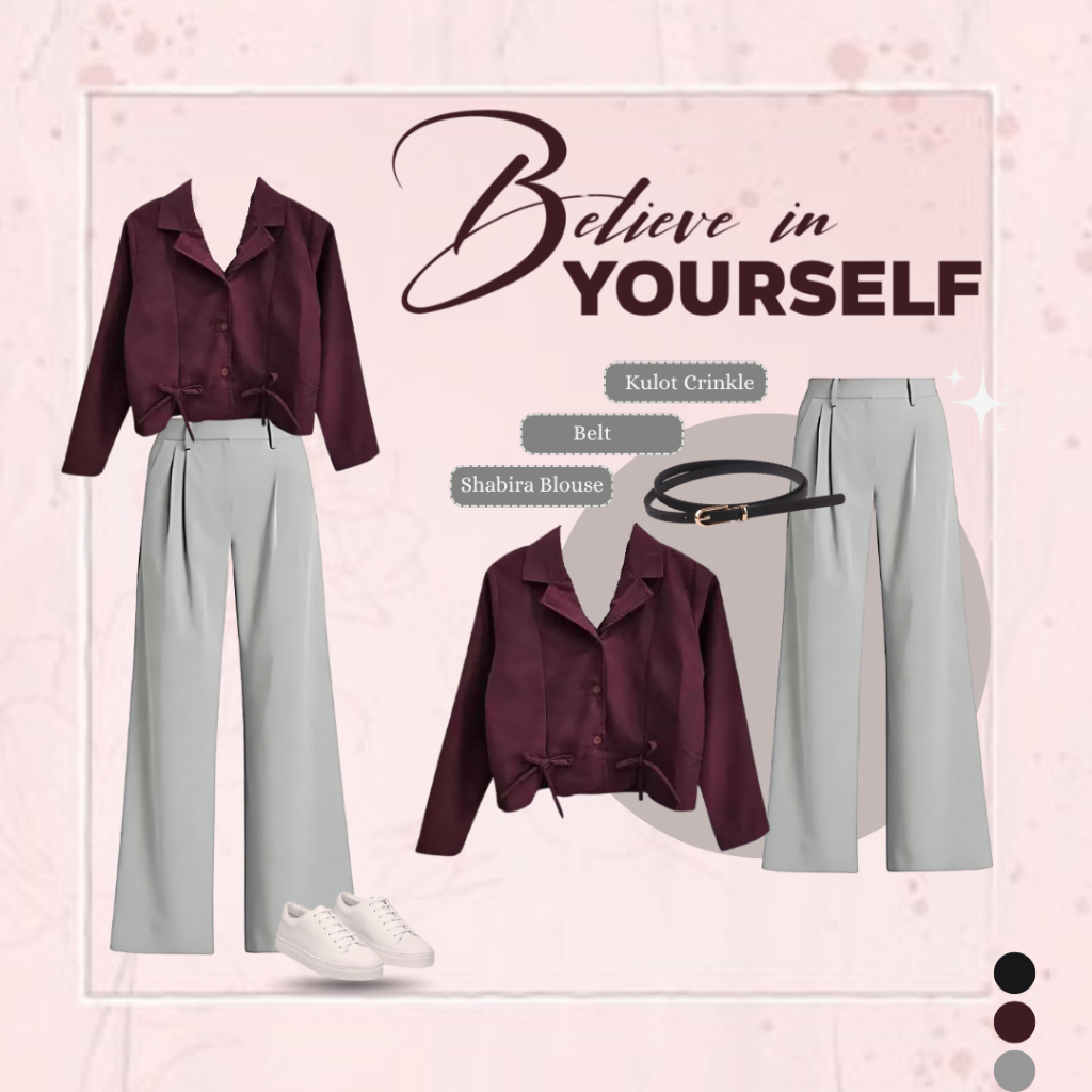 Outfit Cewek Kekinian {Blouse Tifany Twill Maroon+Kulot Crinkle Blue Grey+Belt Hitam} UW0025