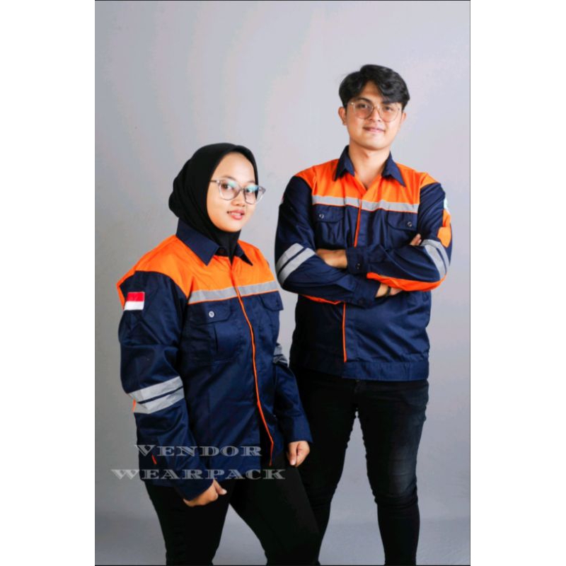 Wearpack Safety Atasan Navy Oranye Lengan Panjang Full Kancing