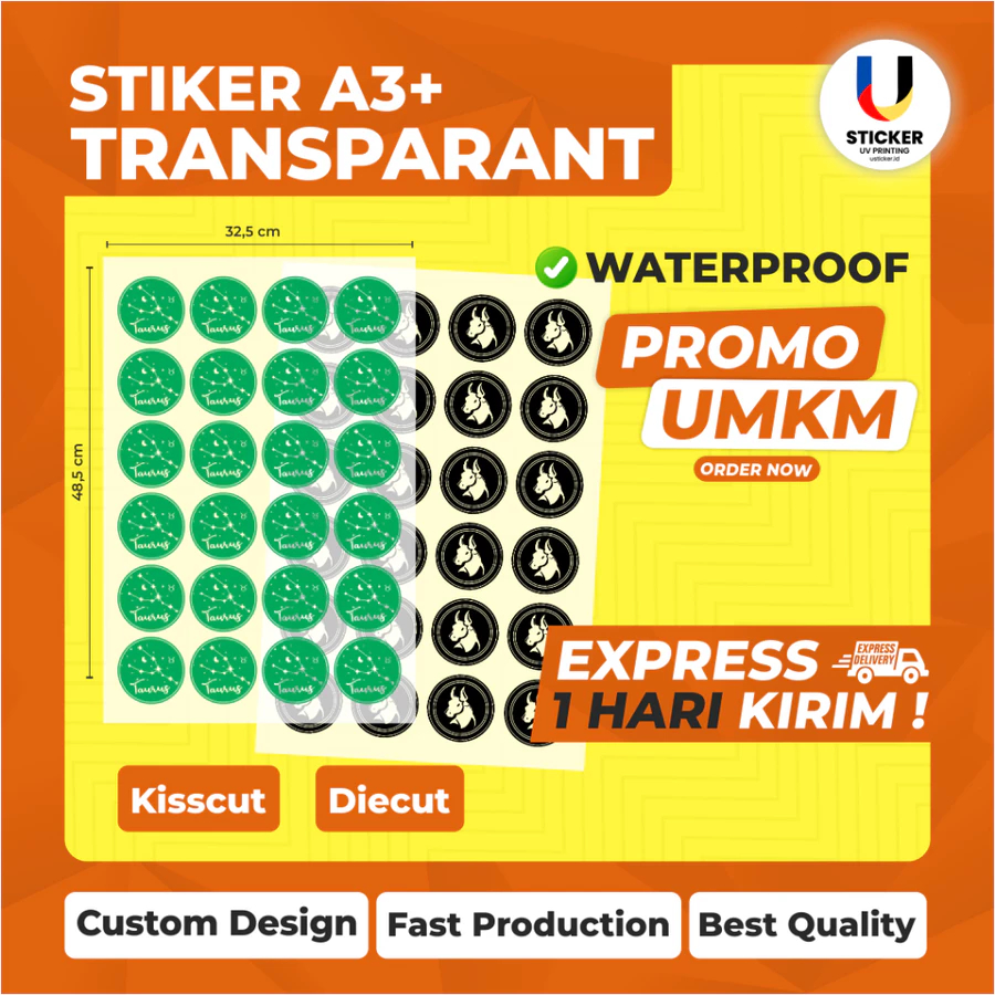 

CETAK STIKER CUSTOM VINYL TRANSPARANT A3+ (SUDAH CUTTING)