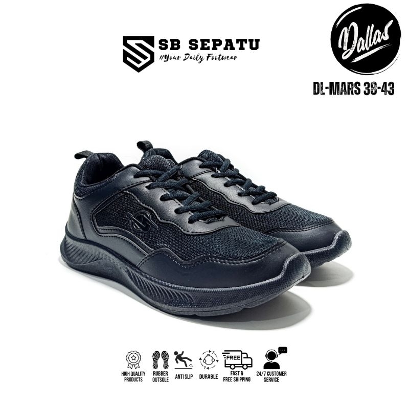 Sepatu DALLAS DL-MARS Tali FULL HITAM || Sepatu Sneakers Sekolah Cewek Cowok || Sepatu Casual Unisex