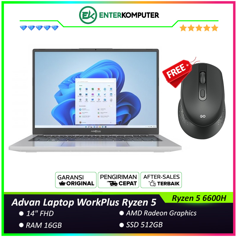 Advan WorkPlus Ryzen 5 - AMD Ryzen 5 6600H RAM 16GB SSD 512GB AMD Graphics 14 Inch FHD Win 11