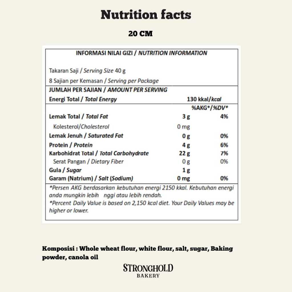 

RB Whole Wheat Tortilla Kulit Kebab Gandum / Salad Wrap 20 cm Stronghold Bakery