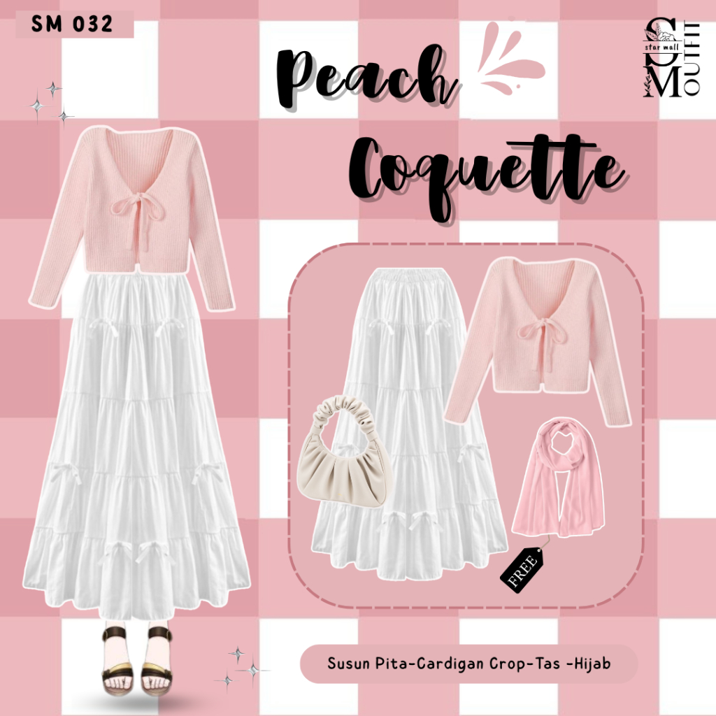 Outfit Oneset Kekinian Wanita (Cardigan Crop, Rok Pita, Tas Serut, Free Hijab) Outfit Stylish SM032