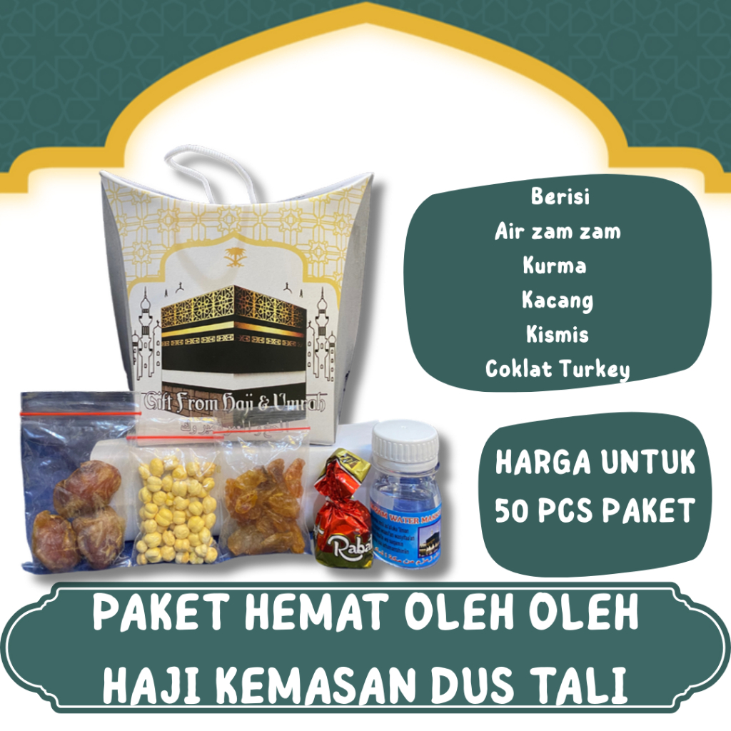 

OLEH OLEH HAJI DAN UMROH 50 PCS PAKET HEMAT KEMASAN DUS TALI ISIAN AIR ZAMZAM I KACANG ARAB I KURMA KHALAS I KISMIS I SOUVENIR GIFT FROM I HAMPERS HAJI I HADIAH HAJI