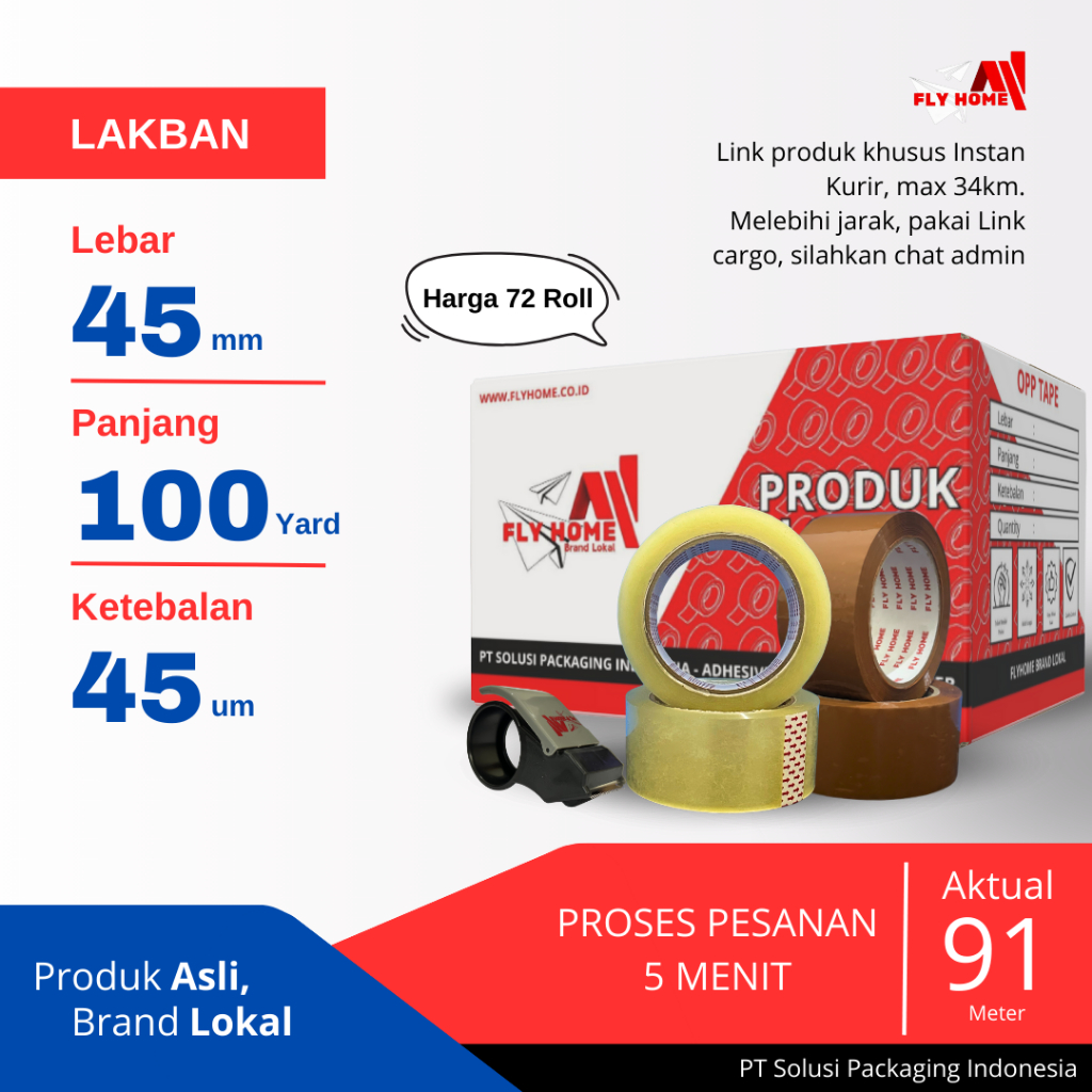 

FLYHOME Lakban bening coklat 100yard 91METER 2inci 45x100 yard 1 dus grosir - 72Rolls jumbo INSTAN