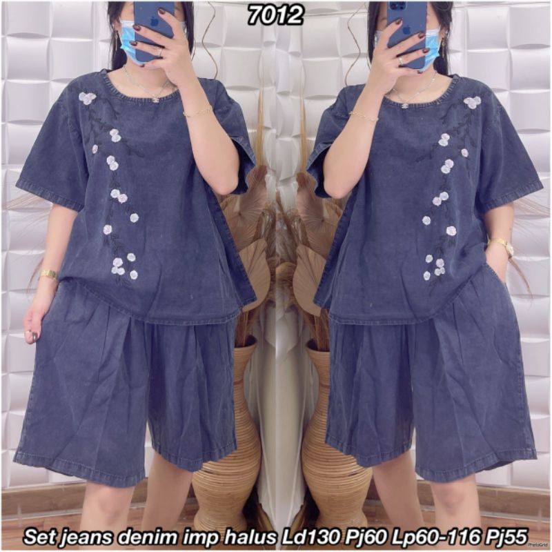 Stelan Set wanita hp kulot bordir bunga jeans 7012