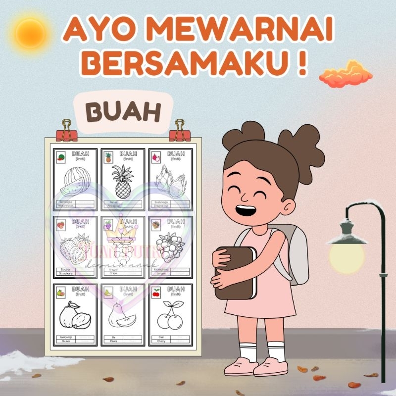 

01 Buah - Kertas Mewarnai Anak PAUD TK SD Ukuran Kertas A5 Ada Contoh Warna Berwarna 10 20 30 40 50 Lembar
