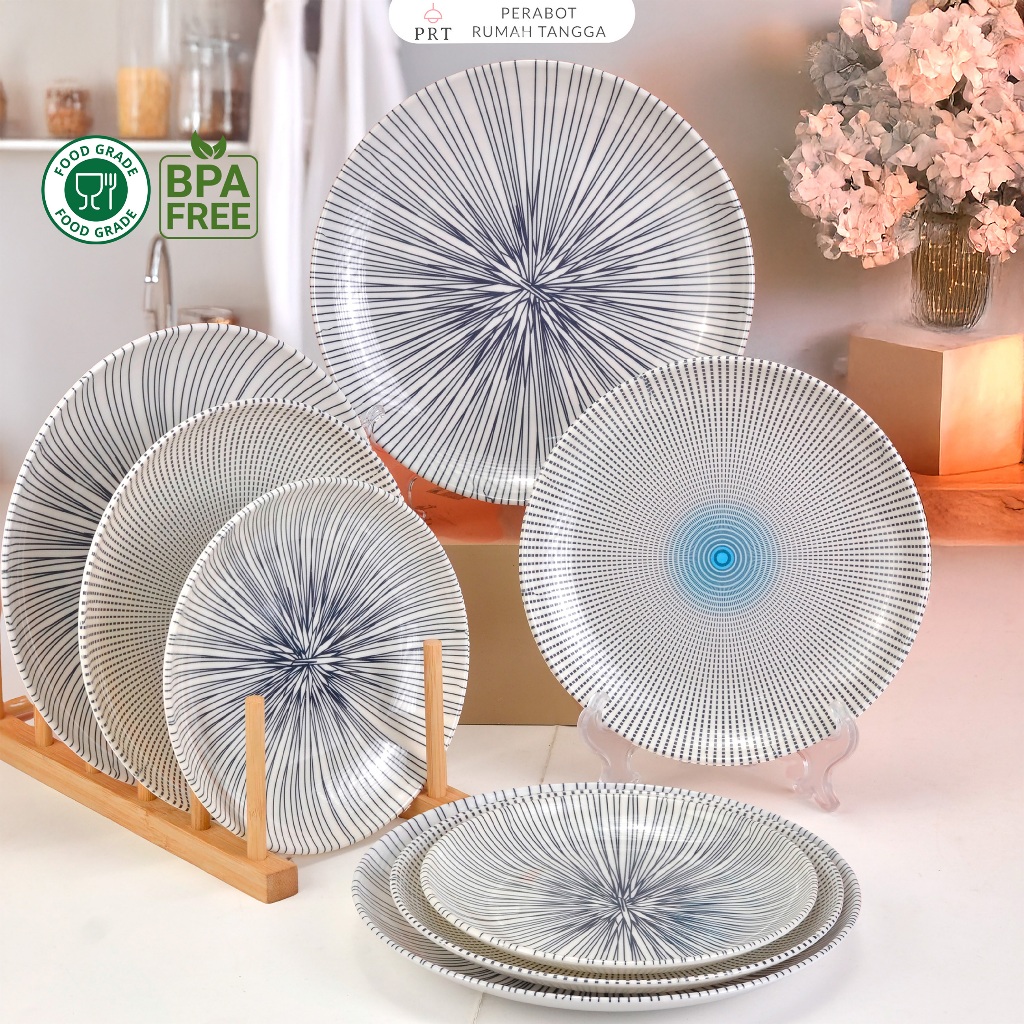 Piring Melamin Saji Motif Garis Mewah Piring Bulat Kue Tahan Panas Tebal