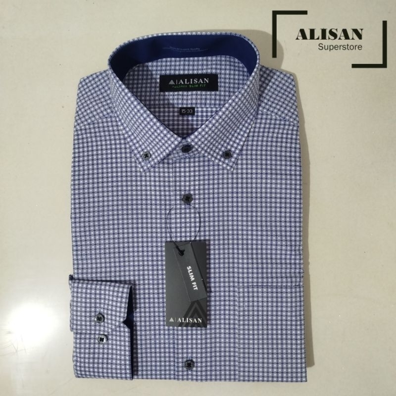 Alisan Kemeja Pria Motif Kotak Kecil Biru Kerah Kancing Lengan Panjang Slimfit