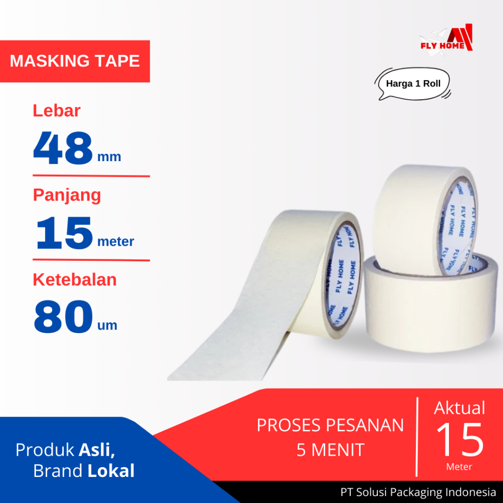 

FLYHOME Lakban kertas 48mm x 15meter 1 roll masking tape ukuran besar