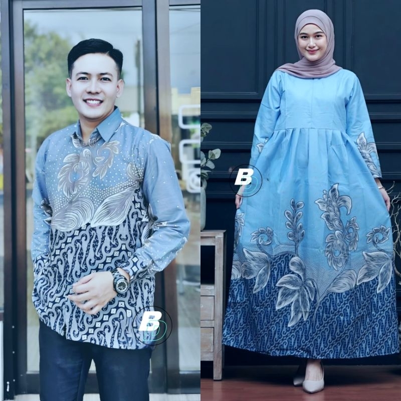 "Set Couple Batik Elegan Biru Langit – Kemeja Pria & Gamis Wanita Motif Etnik Premium